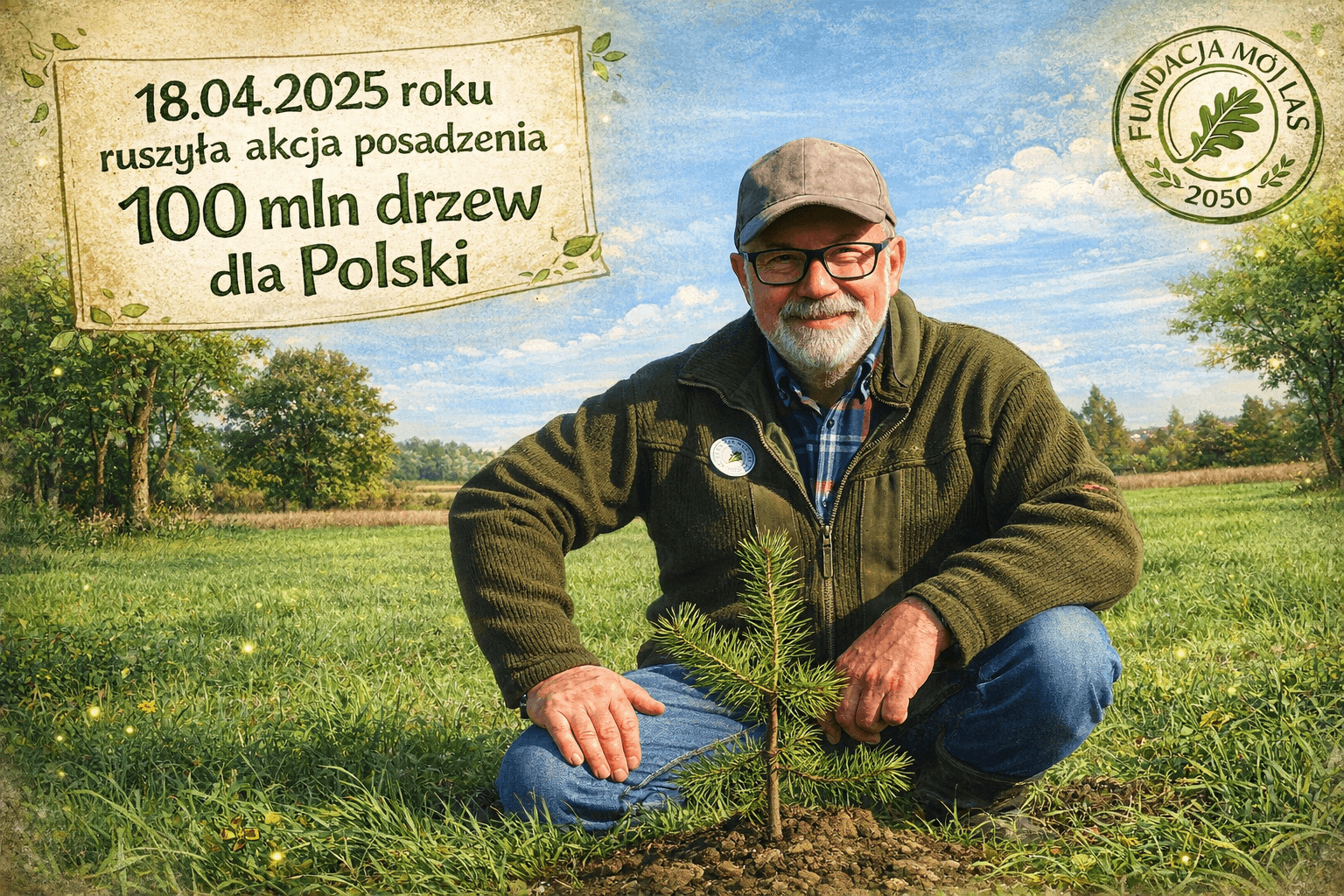 Inicjator projektu przy młodym drzewie, grafika inaugurująca akcję 100 milionów drzew